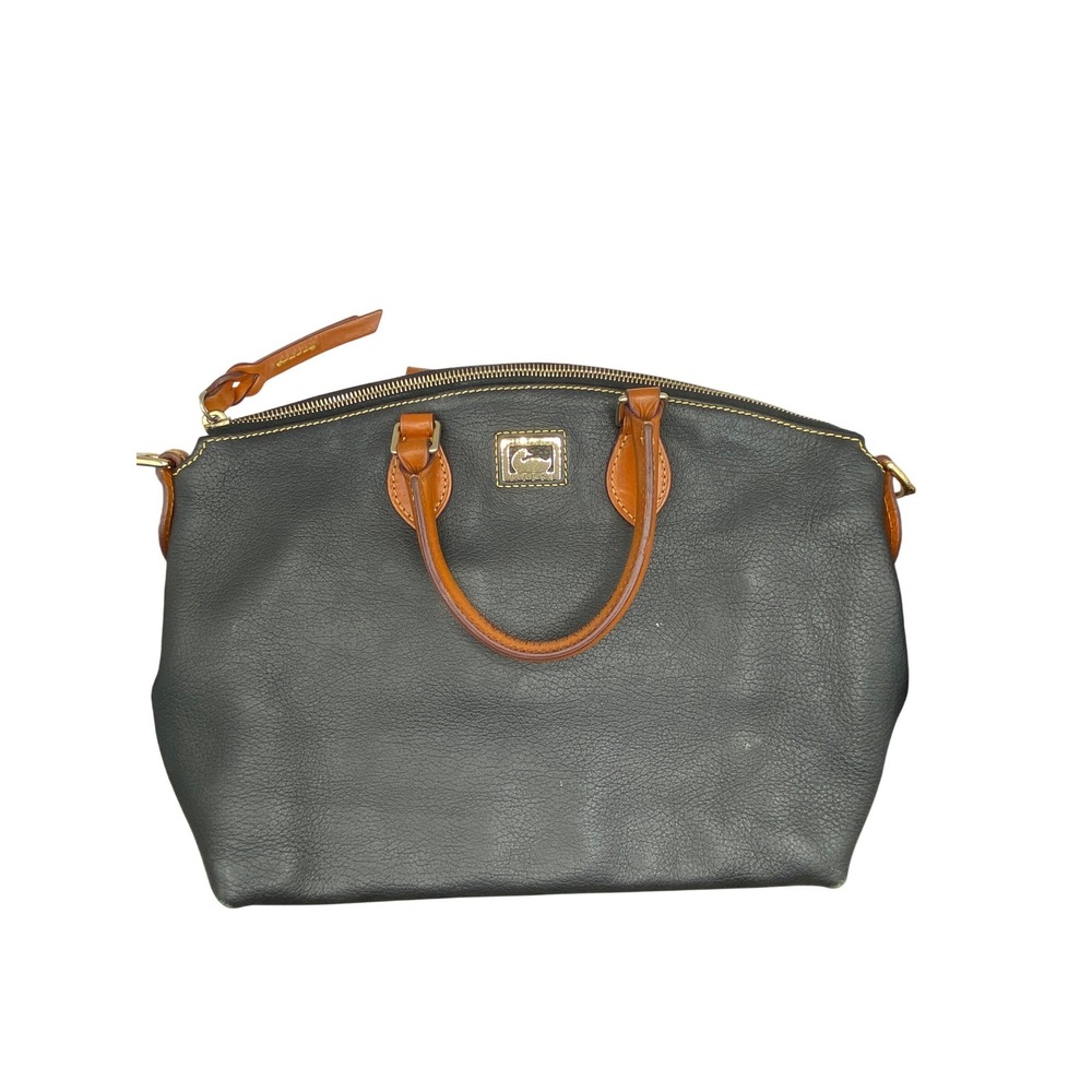 Vintage Dooney & Bourke Black Pebbled Leather Satchel Tan Trim Gold Logo Zip Top